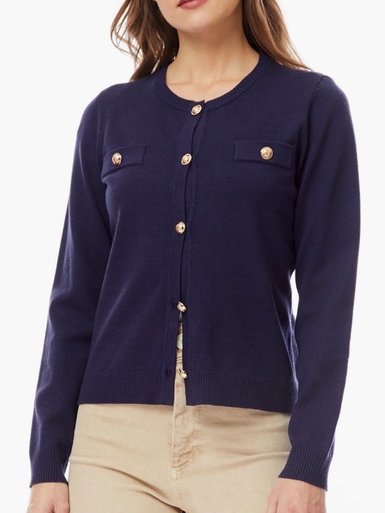 By Design Sweaters - Women's Navy Crewneck Button-Front Sweater with Chest Pockets